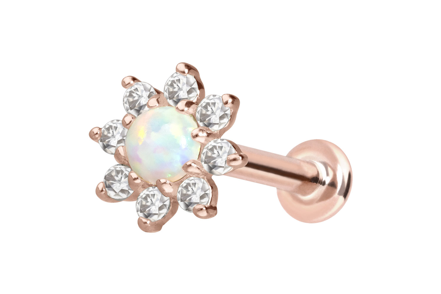 14 Karat Gold Labret Piercing mit Innengewinde MOISSANIT-BLUME + SYNTHETISCHER OPAL